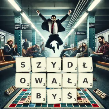 Kreatywna ilustracja do gry w Scrabble ze słowem SZYDŁOWAŁABYŚ ułożonym z płytek na planszy.