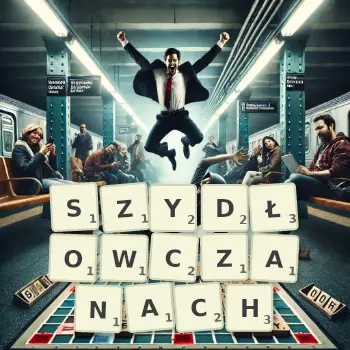 Kreatywna ilustracja do gry w Scrabble ze słowem SZYDŁOWCZANACH ułożonym z płytek na planszy.