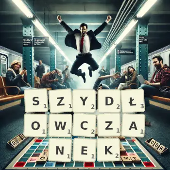 Kreatywna ilustracja do gry w Scrabble ze słowem SZYDŁOWCZANEK ułożonym z płytek na planszy.
