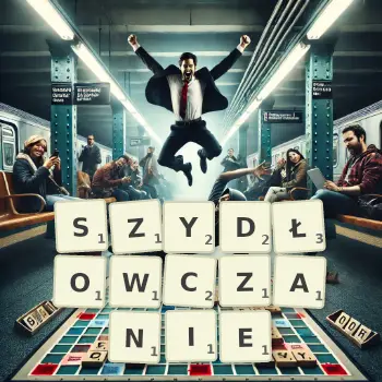 Kreatywna ilustracja do gry w Scrabble ze słowem SZYDŁOWCZANIE ułożonym z płytek na planszy.