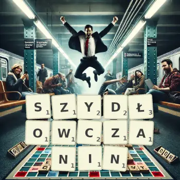 Kreatywna ilustracja do gry w Scrabble ze słowem SZYDŁOWCZANIN ułożonym z płytek na planszy.