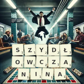 Kreatywna ilustracja do gry w Scrabble ze słowem SZYDŁOWCZANINA ułożonym z płytek na planszy.