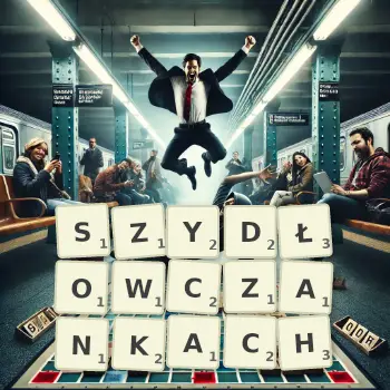 Kreatywna ilustracja do gry w Scrabble ze słowem SZYDŁOWCZANKACH ułożonym z płytek na planszy.