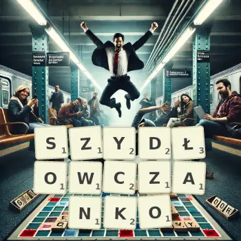 Kreatywna ilustracja do gry w Scrabble ze słowem SZYDŁOWCZANKO ułożonym z płytek na planszy.