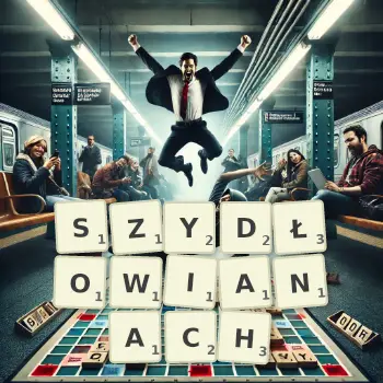 Kreatywna ilustracja do gry w Scrabble ze słowem SZYDŁOWIANACH ułożonym z płytek na planszy.