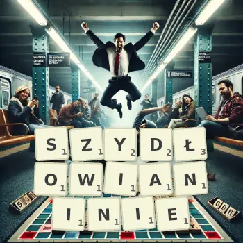 Kreatywna ilustracja do gry w Scrabble ze słowem SZYDŁOWIANINIE ułożonym z płytek na planszy.