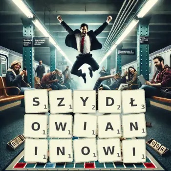Kreatywna ilustracja do gry w Scrabble ze słowem SZYDŁOWIANINOWI ułożonym z płytek na planszy.
