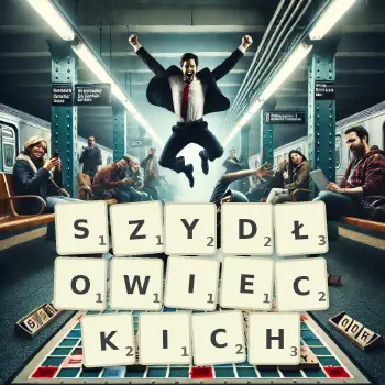 Kreatywna ilustracja do gry w Scrabble ze słowem SZYDŁOWIECKICH ułożonym z płytek na planszy.