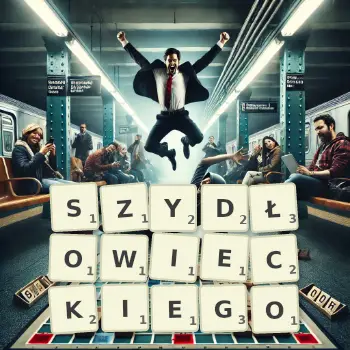 Kreatywna ilustracja do gry w Scrabble ze słowem SZYDŁOWIECKIEGO ułożonym z płytek na planszy.