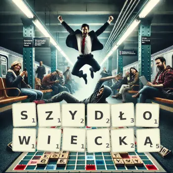 Kreatywna ilustracja do gry w Scrabble ze słowem SZYDŁOWIECKĄ ułożonym z płytek na planszy.