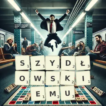Kreatywna ilustracja do gry w Scrabble ze słowem SZYDŁOWSKIEMU ułożonym z płytek na planszy.