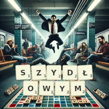 Kreatywna ilustracja do gry w Scrabble ze słowem SZYDŁOWYM ułożonym z płytek na planszy.