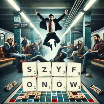 Kreatywna ilustracja do gry w Scrabble ze słowem SZYFONÓW ułożonym z płytek na planszy.