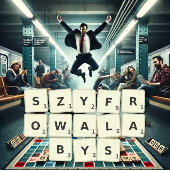 Kreatywna ilustracja do gry w Scrabble ze słowem SZYFROWALABYS ułożonym z płytek na planszy.