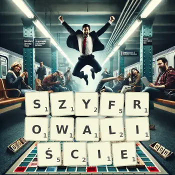 Kreatywna ilustracja do gry w Scrabble ze słowem SZYFROWALIŚCIE ułożonym z płytek na planszy.