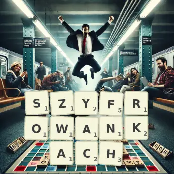 Kreatywna ilustracja do gry w Scrabble ze słowem SZYFROWANKACH ułożonym z płytek na planszy.