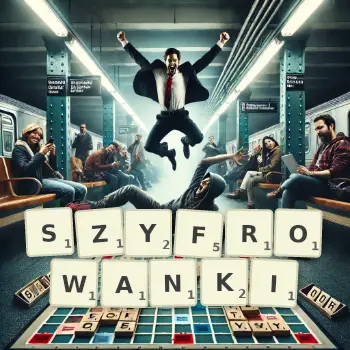 Kreatywna ilustracja do gry w Scrabble ze słowem SZYFROWANKI ułożonym z płytek na planszy.