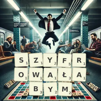 Kreatywna ilustracja do gry w Scrabble ze słowem SZYFROWAŁABYM ułożonym z płytek na planszy.
