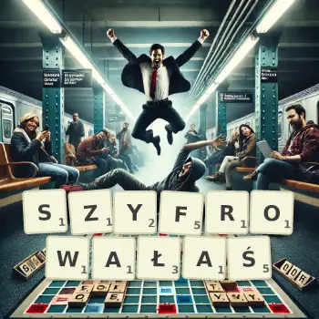 Kreatywna ilustracja do gry w Scrabble ze słowem SZYFROWAŁAŚ ułożonym z płytek na planszy.