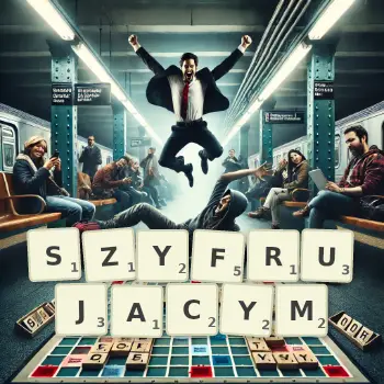Kreatywna ilustracja do gry w Scrabble ze słowem SZYFRUJACYM ułożonym z płytek na planszy.