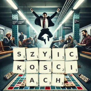 Kreatywna ilustracja do gry w Scrabble ze słowem SZYICKOSCIACH ułożonym z płytek na planszy.