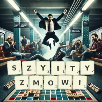 Kreatywna ilustracja do gry w Scrabble ze słowem SZYITYZMOWI ułożonym z płytek na planszy.