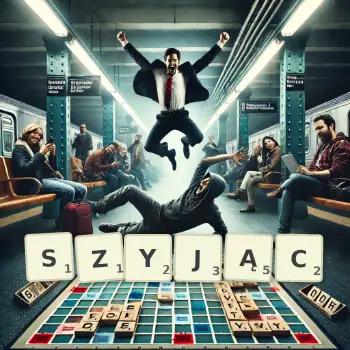 Kreatywna ilustracja do gry w Scrabble ze słowem SZYJĄC ułożonym z płytek na planszy.