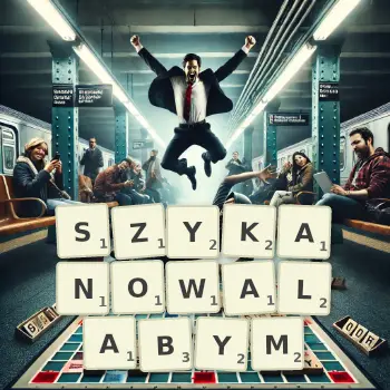Kreatywna ilustracja do gry w Scrabble ze słowem SZYKANOWALABYM ułożonym z płytek na planszy.