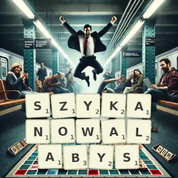 Kreatywna ilustracja do gry w Scrabble ze słowem SZYKANOWALABYS ułożonym z płytek na planszy.