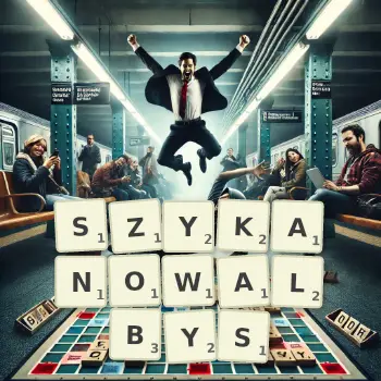 Kreatywna ilustracja do gry w Scrabble ze słowem SZYKANOWALBYS ułożonym z płytek na planszy.