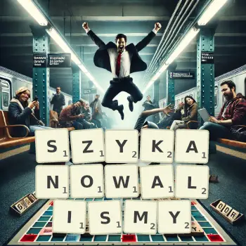 Kreatywna ilustracja do gry w Scrabble ze słowem SZYKANOWALISMY ułożonym z płytek na planszy.