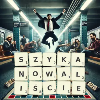 Kreatywna ilustracja do gry w Scrabble ze słowem SZYKANOWALIŚCIE ułożonym z płytek na planszy.