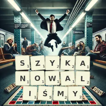 Kreatywna ilustracja do gry w Scrabble ze słowem SZYKANOWALIŚMY ułożonym z płytek na planszy.