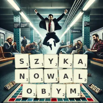 Kreatywna ilustracja do gry w Scrabble ze słowem SZYKANOWALOBYM ułożonym z płytek na planszy.