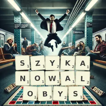 Kreatywna ilustracja do gry w Scrabble ze słowem SZYKANOWALOBYS ułożonym z płytek na planszy.