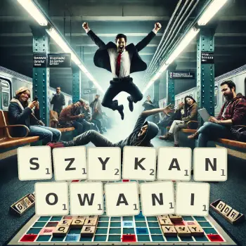 Kreatywna ilustracja do gry w Scrabble ze słowem SZYKANOWANI ułożonym z płytek na planszy.