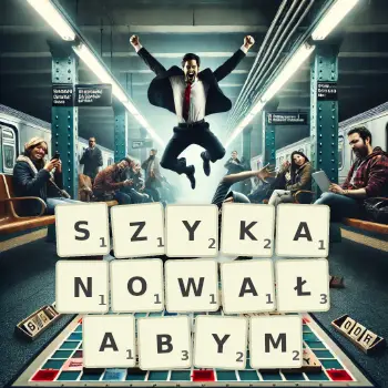 Kreatywna ilustracja do gry w Scrabble ze słowem SZYKANOWAŁABYM ułożonym z płytek na planszy.
