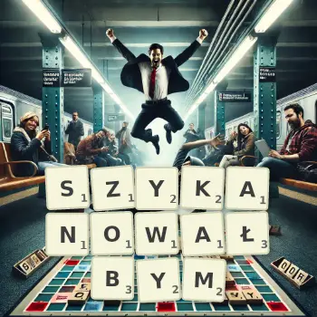 Kreatywna ilustracja do gry w Scrabble ze słowem SZYKANOWAŁBYM ułożonym z płytek na planszy.