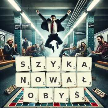 Kreatywna ilustracja do gry w Scrabble ze słowem SZYKANOWAŁOBYŚ ułożonym z płytek na planszy.