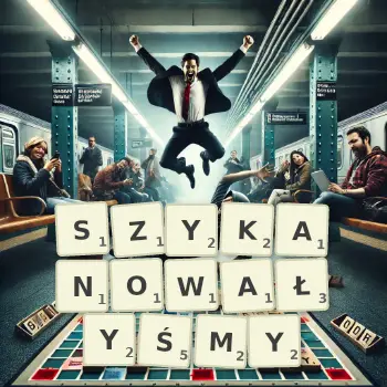 Kreatywna ilustracja do gry w Scrabble ze słowem SZYKANOWAŁYŚMY ułożonym z płytek na planszy.