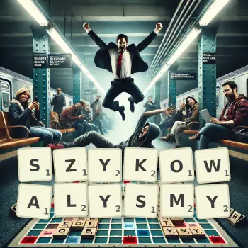 Kreatywna ilustracja do gry w Scrabble ze słowem SZYKOWALYSMY ułożonym z płytek na planszy.