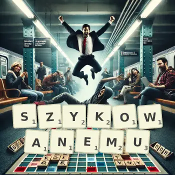 Kreatywna ilustracja do gry w Scrabble ze słowem SZYKOWANEMU ułożonym z płytek na planszy.