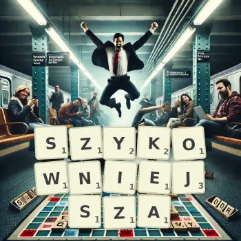 Kreatywna ilustracja do gry w Scrabble ze słowem SZYKOWNIEJSZA ułożonym z płytek na planszy.