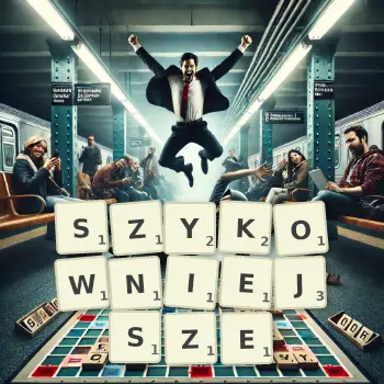 Kreatywna ilustracja do gry w Scrabble ze słowem SZYKOWNIEJSZE ułożonym z płytek na planszy.