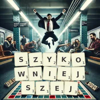 Kreatywna ilustracja do gry w Scrabble ze słowem SZYKOWNIEJSZEJ ułożonym z płytek na planszy.