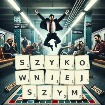 Kreatywna ilustracja do gry w Scrabble ze słowem SZYKOWNIEJSZYM ułożonym z płytek na planszy.