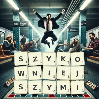 Kreatywna ilustracja do gry w Scrabble ze słowem SZYKOWNIEJSZYMI ułożonym z płytek na planszy.