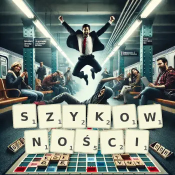 Kreatywna ilustracja do gry w Scrabble ze słowem SZYKOWNOŚCI ułożonym z płytek na planszy.