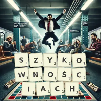 Kreatywna ilustracja do gry w Scrabble ze słowem SZYKOWNOŚCIACH ułożonym z płytek na planszy.