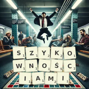 Kreatywna ilustracja do gry w Scrabble ze słowem SZYKOWNOŚCIAMI ułożonym z płytek na planszy.